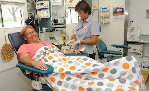 Red Cross Blood Service nurse Jane Doherty assists Donna Jeremy as she donates plasma at the Donormobile at Nelson Reserve yesterday. Red Cross Blood Service nurse Jane Doherty assists Donna Jeremy as she donates plasma at the Donormobile at Nelson Reserve yesterday.